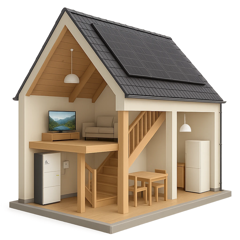 Opengewerkt huis met zonnepanelen, een AlphaESS-thuisbatterij en stroomlijnen naar de brandende verlichting, televisie en koelkast.